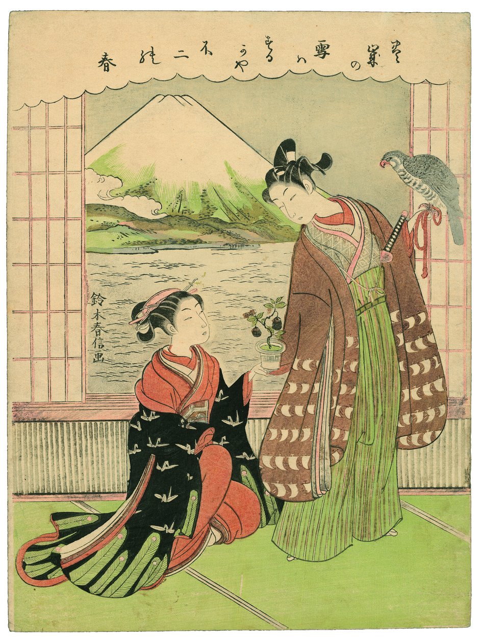 Rêve porte-bonheur pour le Nouvel An : mont Fuji, faucon et aubergines - Suzuki Harunobu