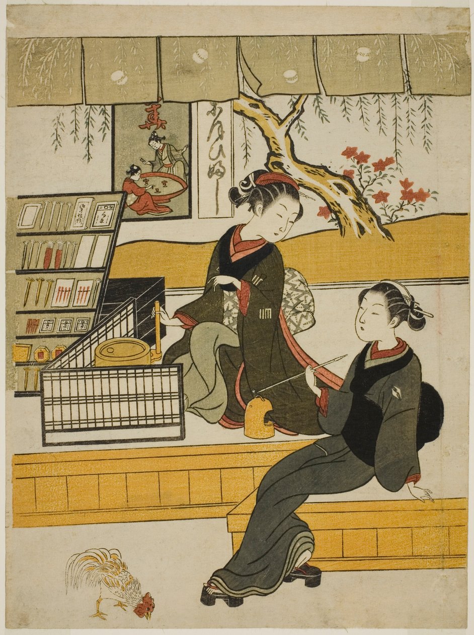 Ofuji, la vendeuse de la Motoyanagiya, avec un client - Suzuki Harunobu