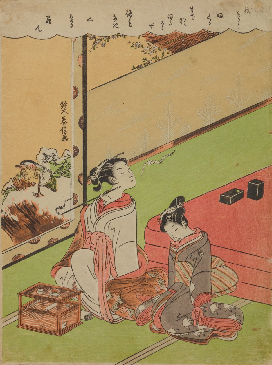 Une oiran fumant la pipe et sa servante somnolente - Suzuki Harunobu