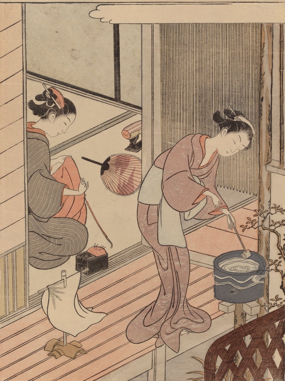 Voiles de retour du porte-serviettes, de la série Huit vues de salon - Suzuki Harunobu
