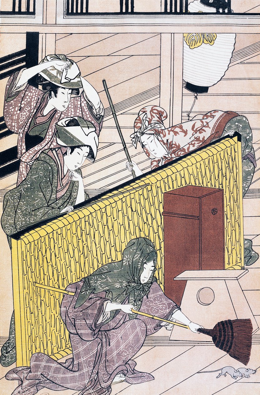 Serviteur chassant des souris dans la maison, estampe ukiyo-e par Suzuki Harunobu (1725-1770), gravure sur bois, civilisation japonaise, période Edo - Suzuki Harunobu