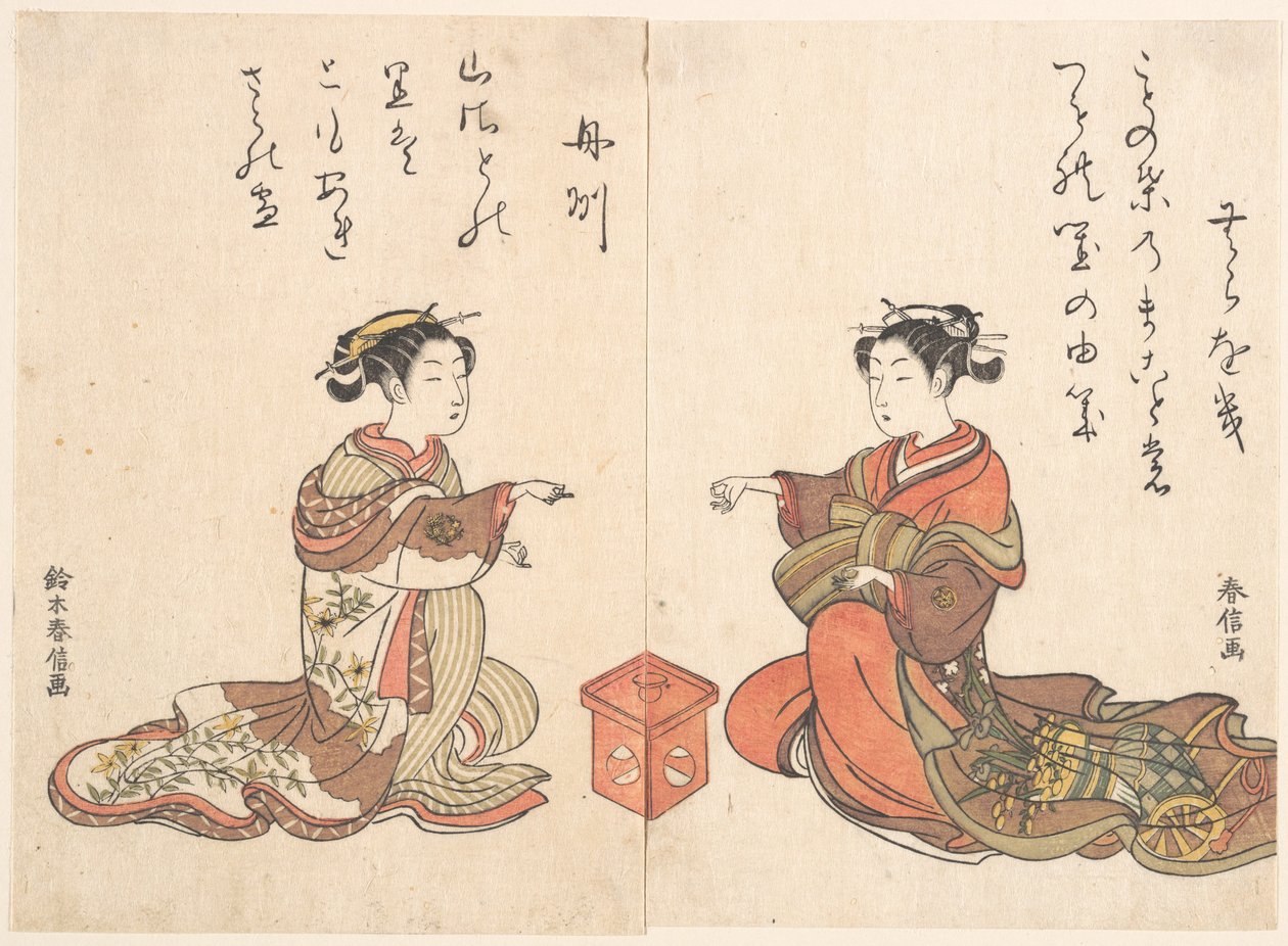 Deux jeunes filles jouent au jeu de doigts Kitsume Ken - Suzuki Harunobu