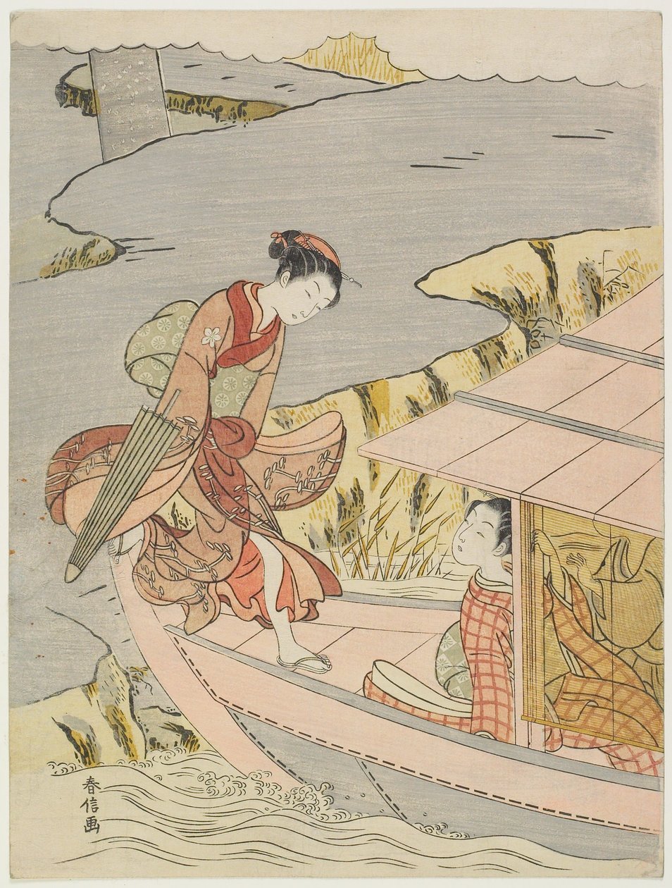 Femme montant dans une barque - Suzuki Harunobu