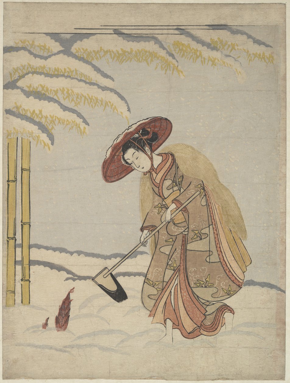 Femme déterrant des pousses de bambou dans la neige, ou parodie de Meng Zong (Mōsō), des Vingt-Quatre modèles de piété filiale - Suzuki Harunobu