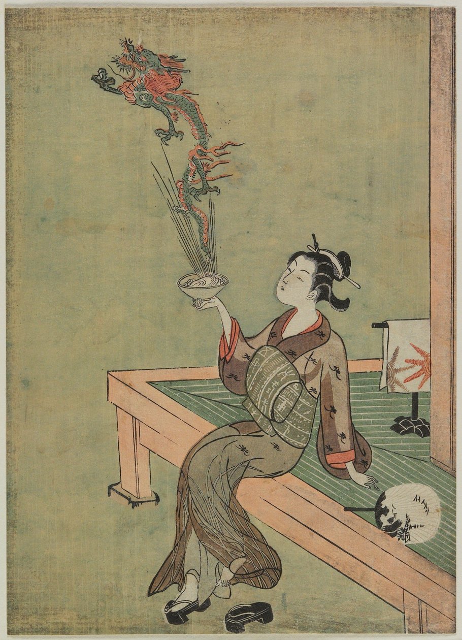 Femme comparée à un ermite chinois maniant un dragon - Suzuki Harunobu