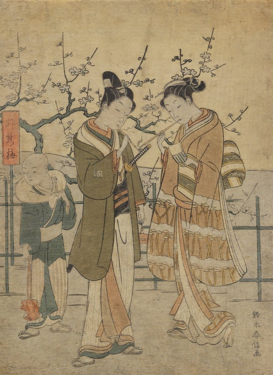 Jeune couple allumant des pipes près du prunier du dragon endormi - Suzuki Harunobu