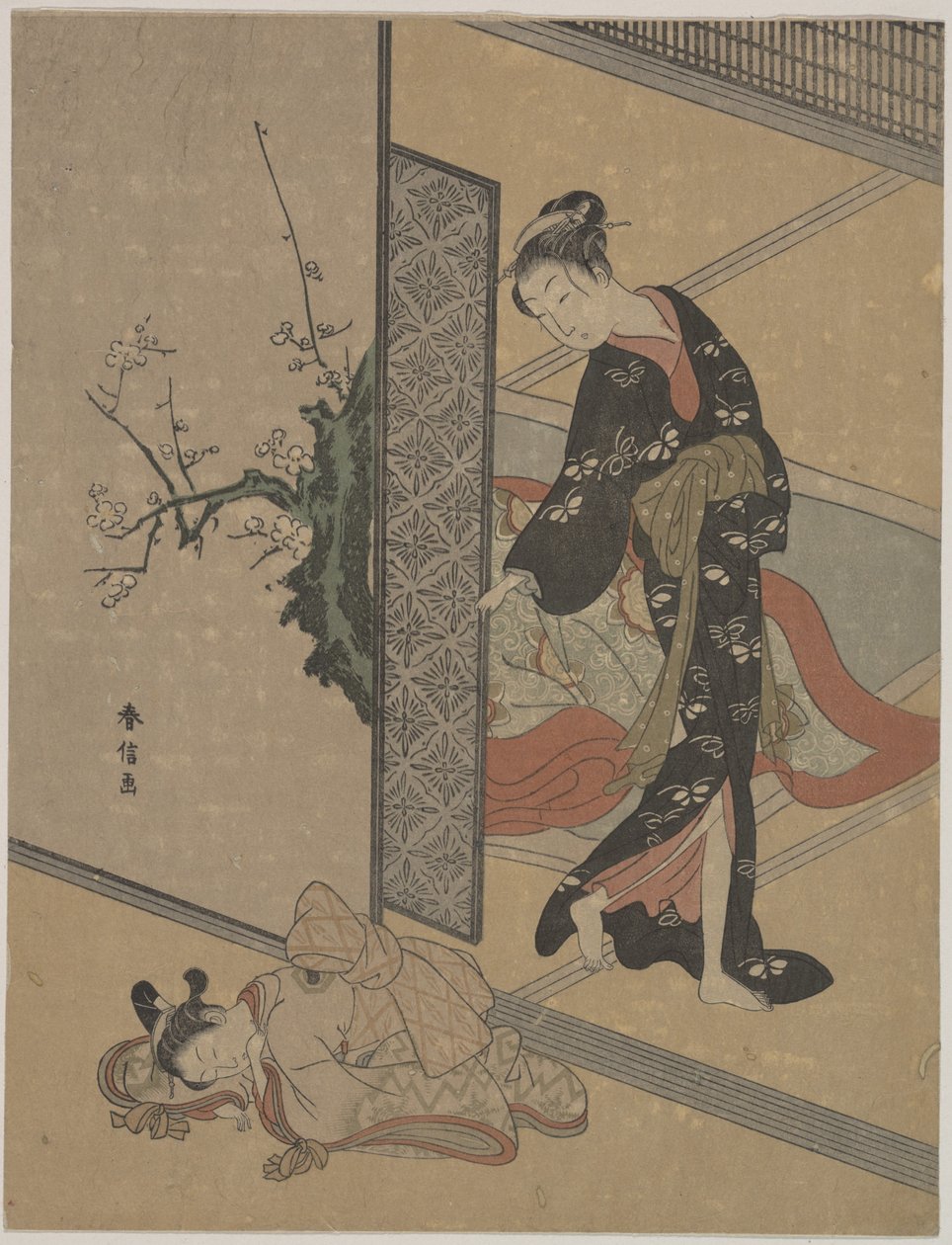 Jeune dame regardant par la porte sa kamuro (petite servante) endormie sur le sol - Suzuki Harunobu