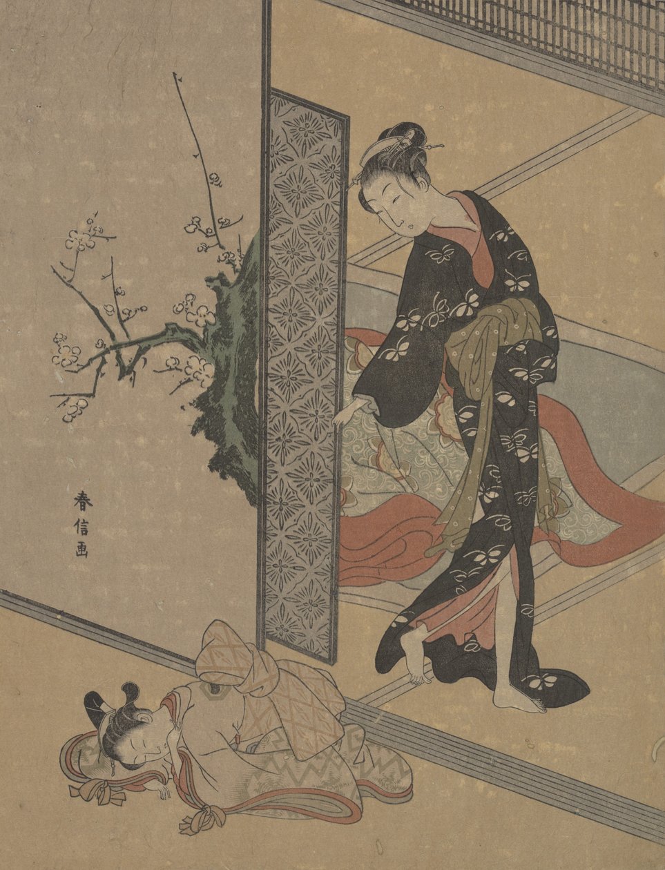 Jeune femme regardant par la porte son petit serviteur Kamuro endormi par terre - Suzuki Harunobu