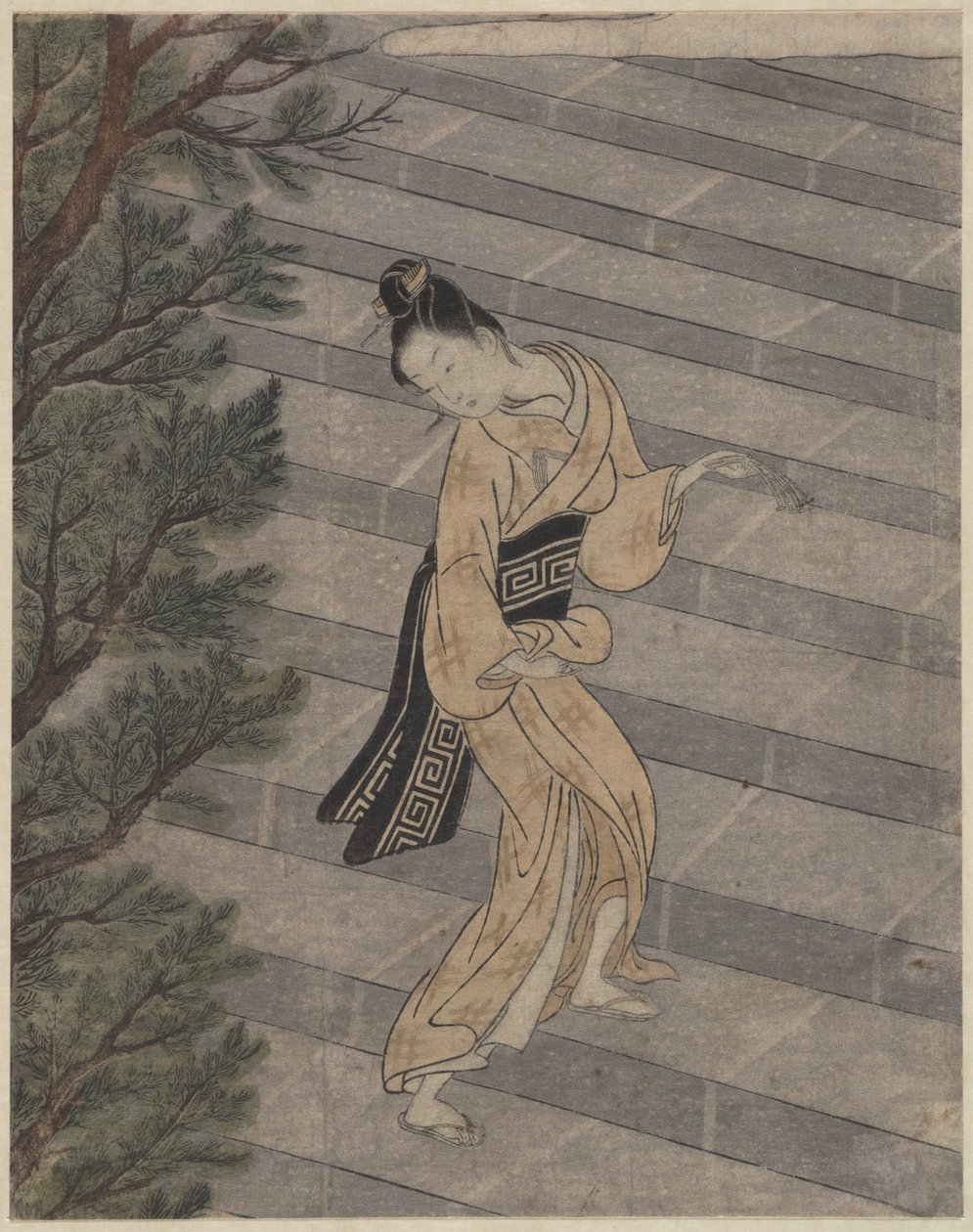 Jeune femme montant des marches de pierre vers un temple shinto - Suzuki Harunobu