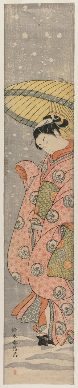 Jeune femme debout sous un parapluie dans la neige, 1767-1768 - Suzuki Harunobu