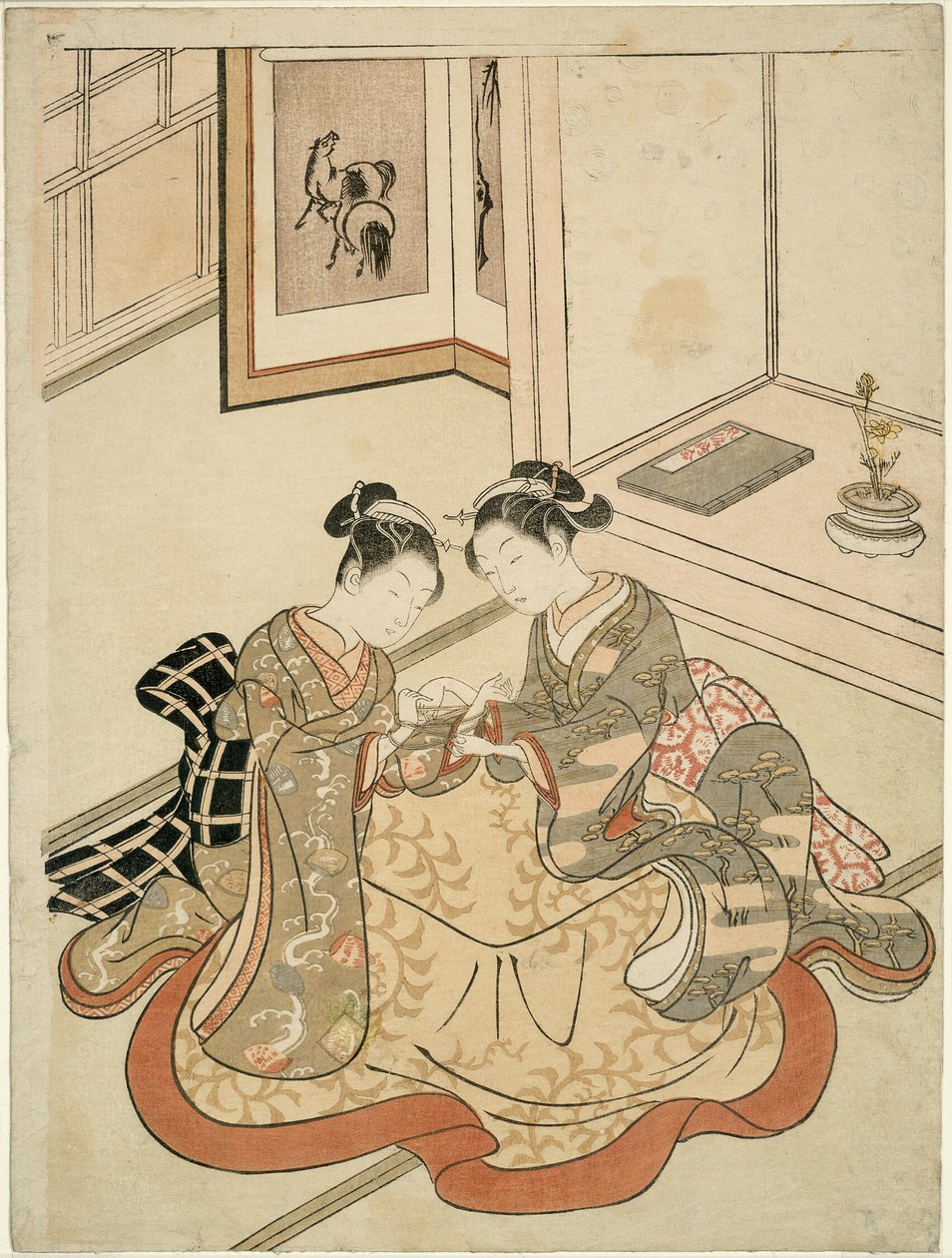 Jeunes femmes jouant au berceau du chat - Suzuki Harunobu