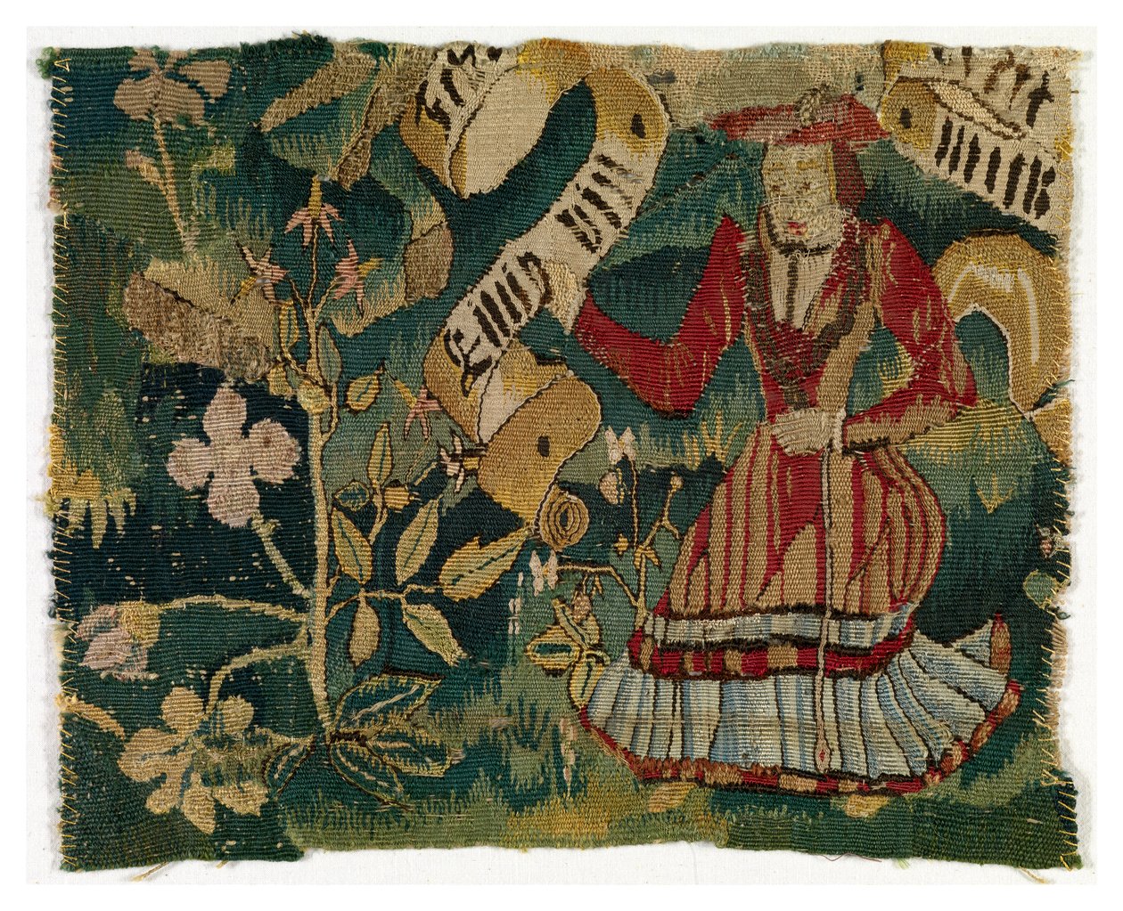 Fragment de tapisserie représentant un arbre et une femme tenant un parchemin - Swiss School