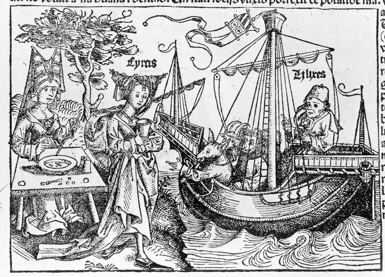 Ulysse et ses compagnons transformés en porcs par la magicienne Circé - dans "Cosmographia" de Sebastian Munster, Bâle 1558 - Swiss School