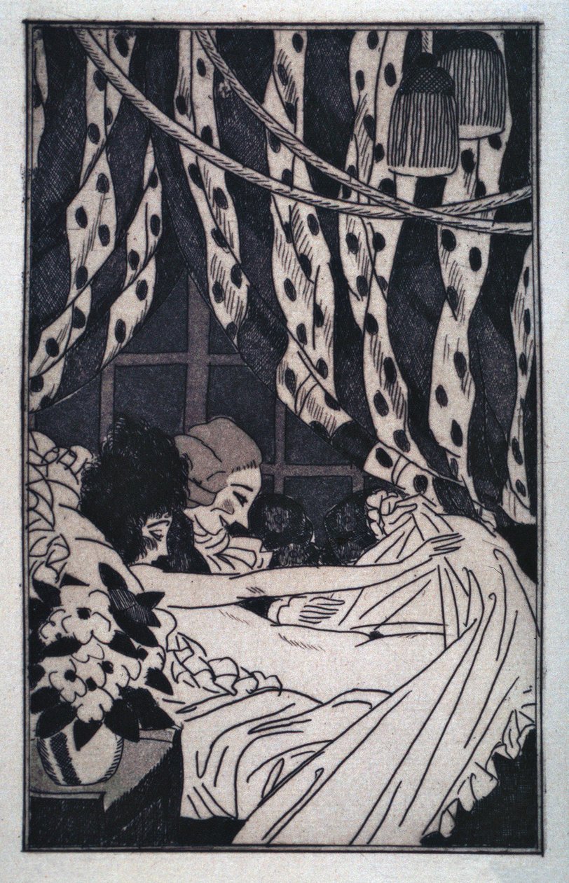Érotisme : Giacomo Casanova (1725-1798) soulève les draps pour contempler sa maîtresse nue, début XXe siècle (gravure) - Sylvain Sauvage