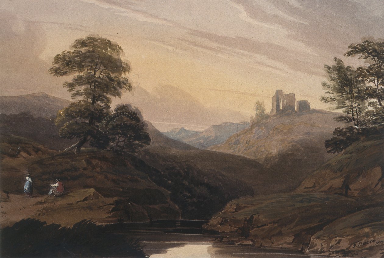 Paysage montagneux, avec ruisseau et ruine - T. Bacon