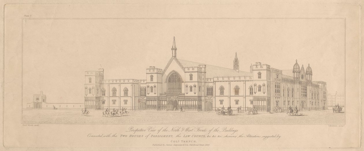 Vue en perspective des façades nord et ouest des bâtiments reliés aux deux chambres du Parlement, les tribunaux - T. Kearnan