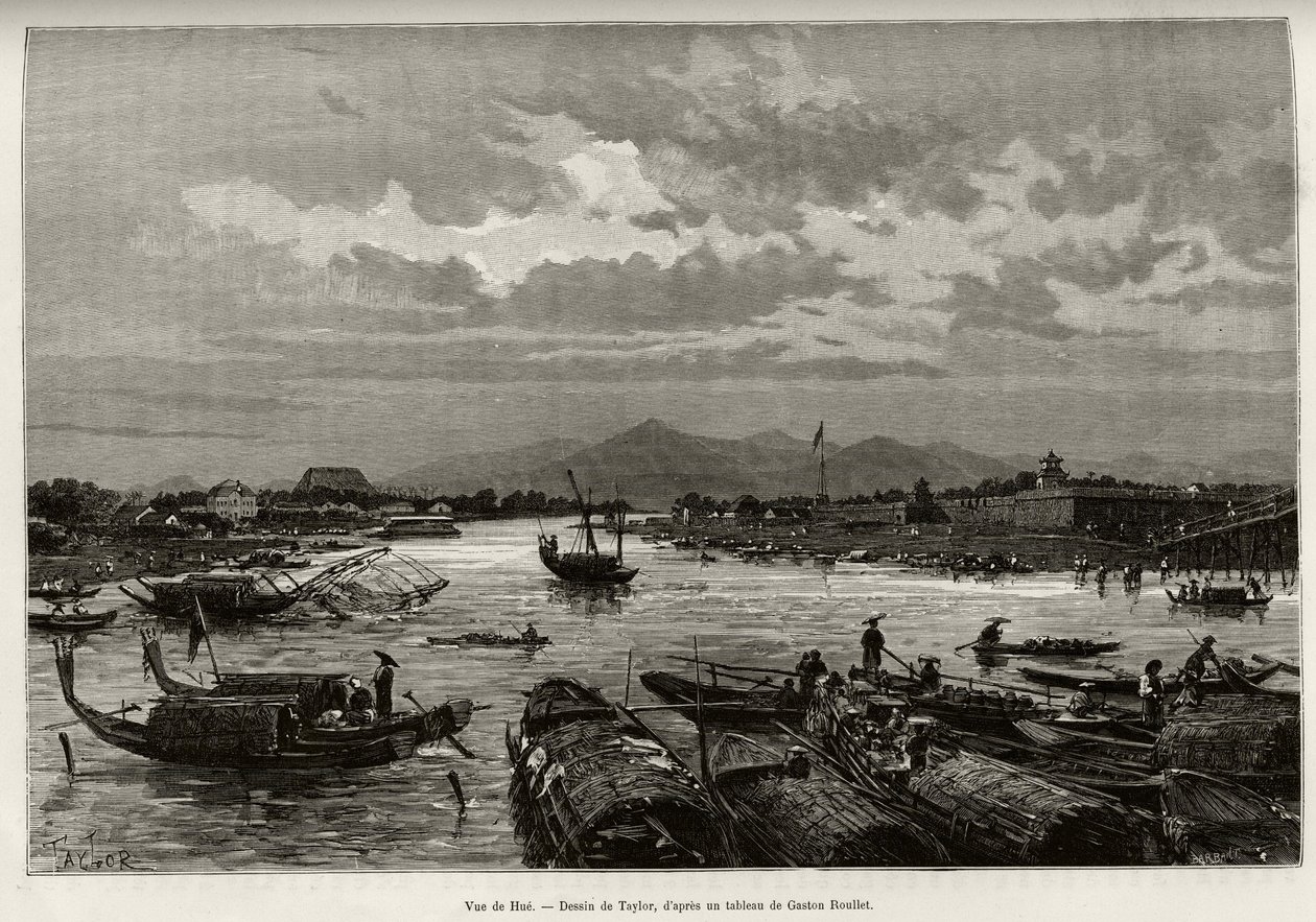 Vue de Hué (Vietnam), avec description de la navigation sur la rivière Song Huong et la pagode Thien Mu, derrière les murs d