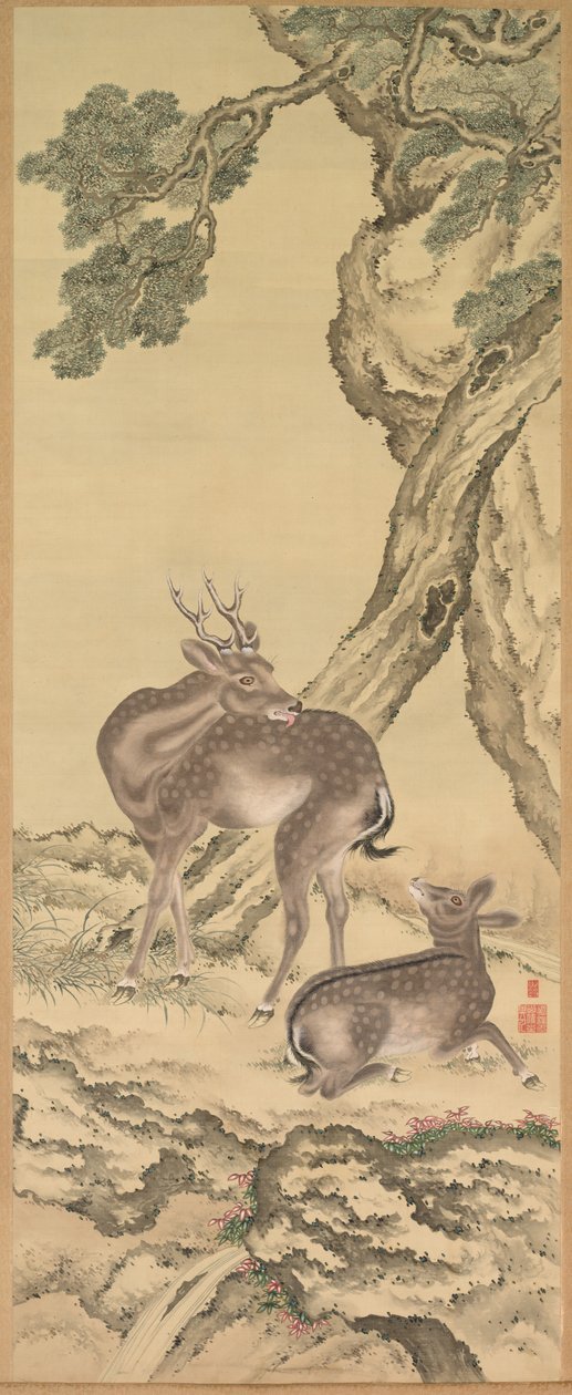 Symboles de longévité : Cerf sous pêche et pin (gauche), Paire de rouleaux suspendus - Tadanaka Toda