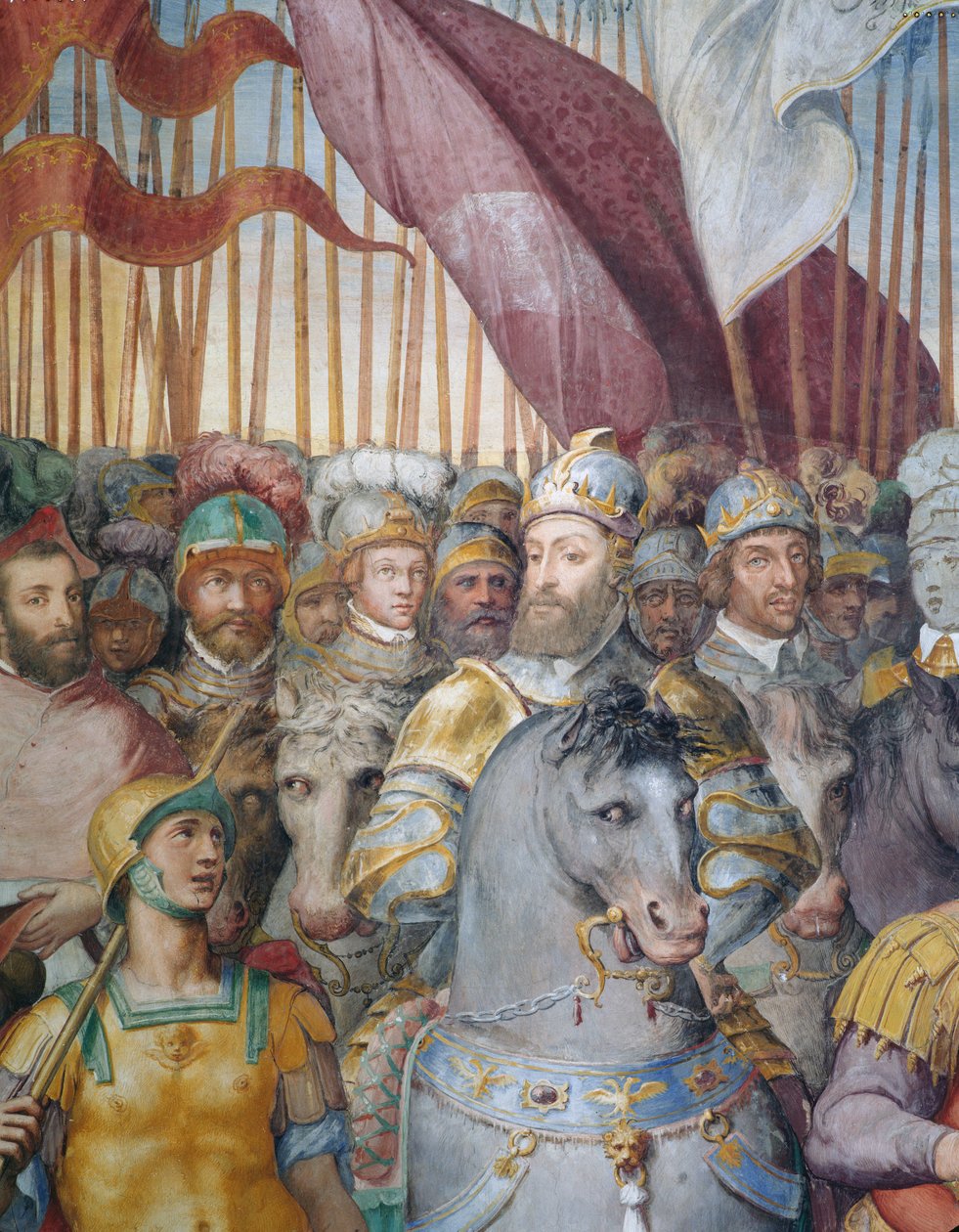 (détail) Troupes du cardinal Alessandro Farnese et de Charles V partant en guerre contre les luthériens, dans la salle de Farnesina - Federico Zuccaro