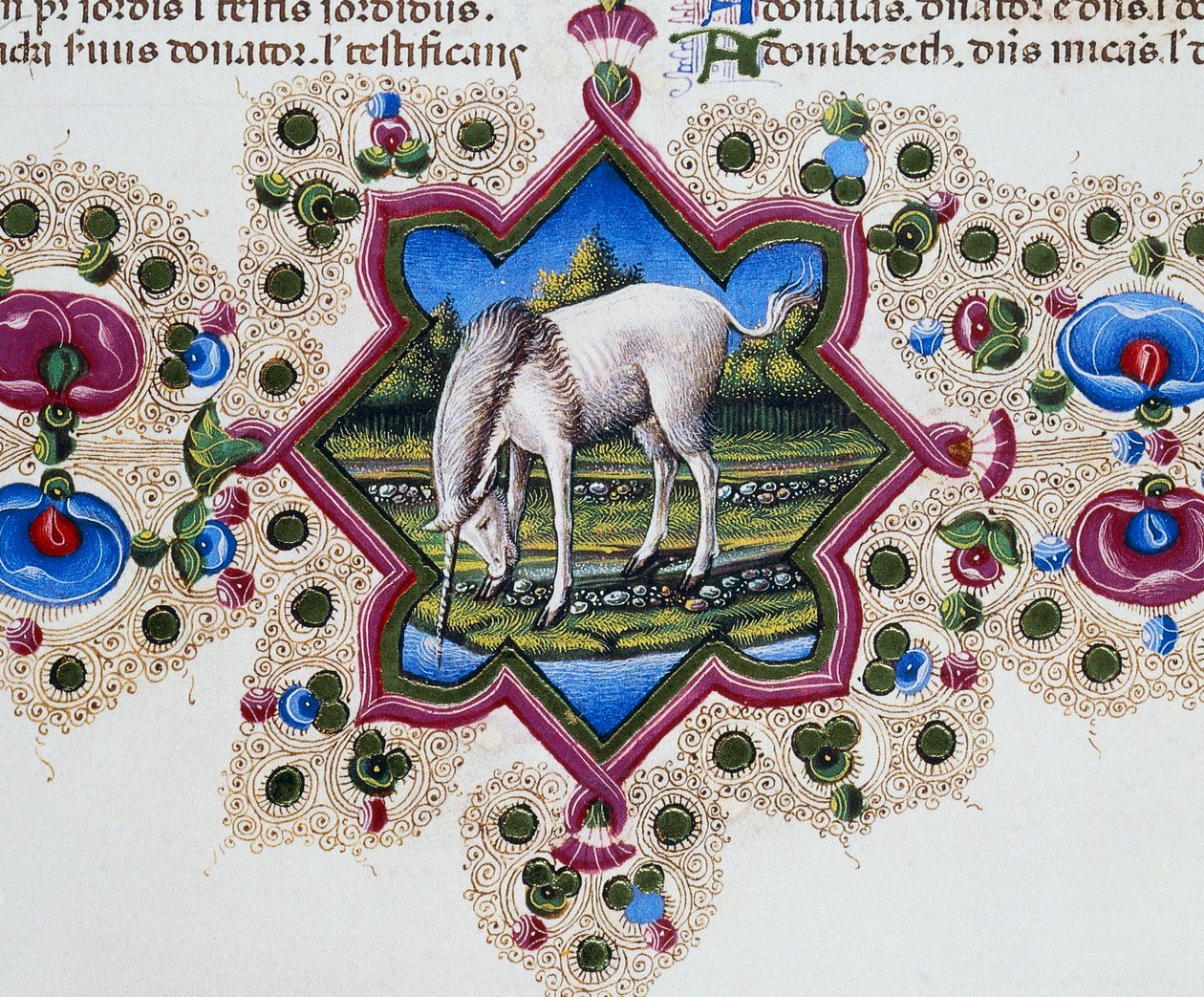 Frise de bordure au pied de la page avec une licorne, Volume II f 245, v, Bible de Borso d