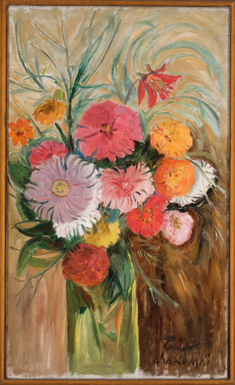 Zinnias et asters dans un bocal en verre - Tadeusz Makowski