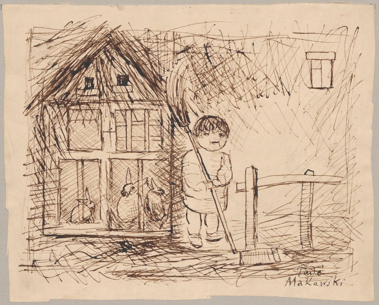 Enfant sous une cage avec des lapins - Tadeusz Makowski
