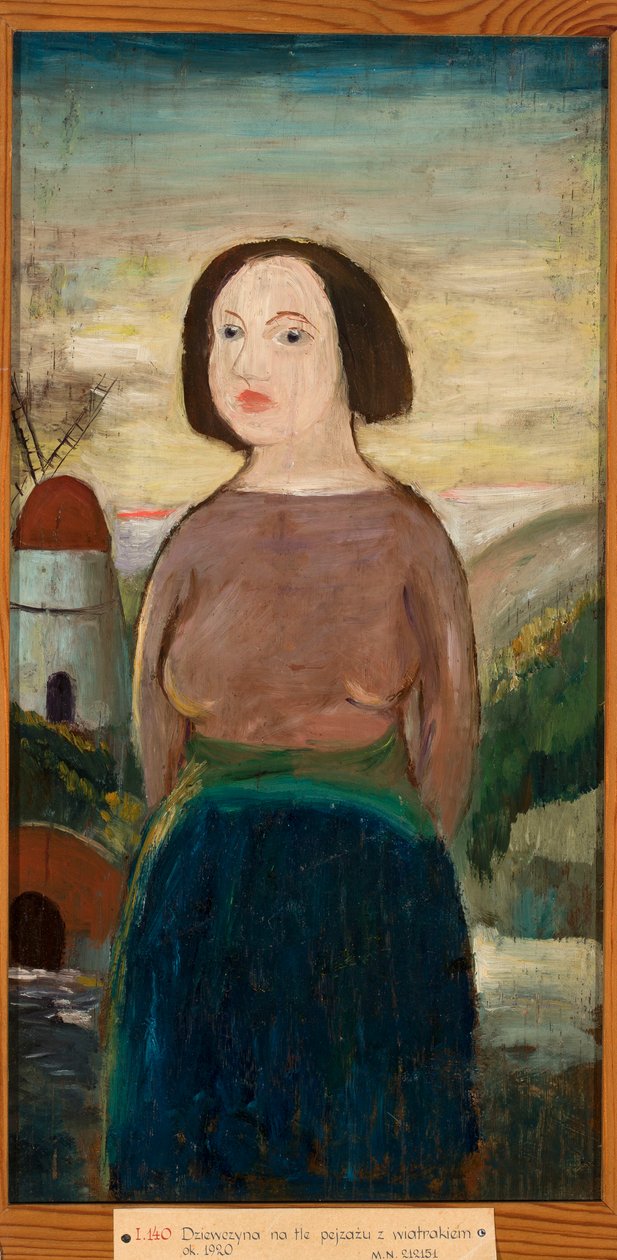 Une jeune fille devant un paysage avec un moulin à vent - Tadeusz Makowski