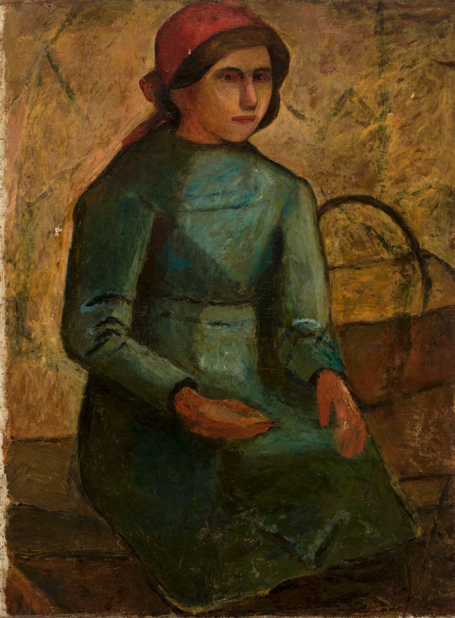 Une jeune fille en robe verte avec un panier - Tadeusz Makowski