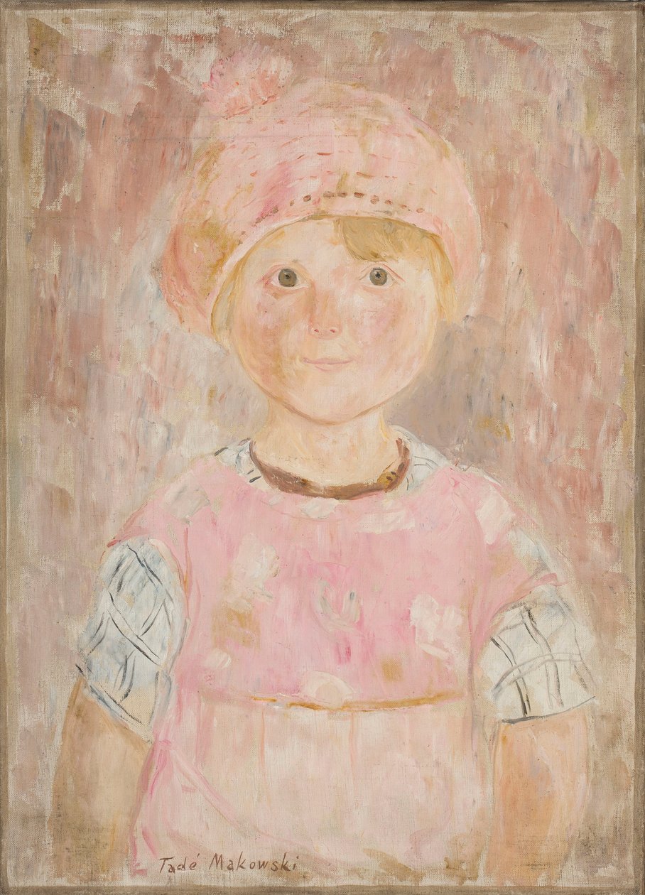 Une petite fille en robe rose et avec un bonnet - Tadeusz Makowski
