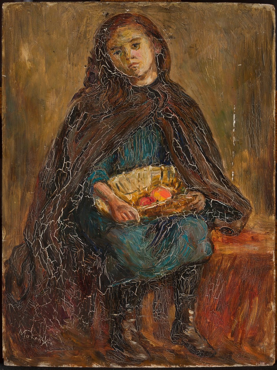 Fillette avec un panier de pommes sur les genoux - Tadeusz Makowski