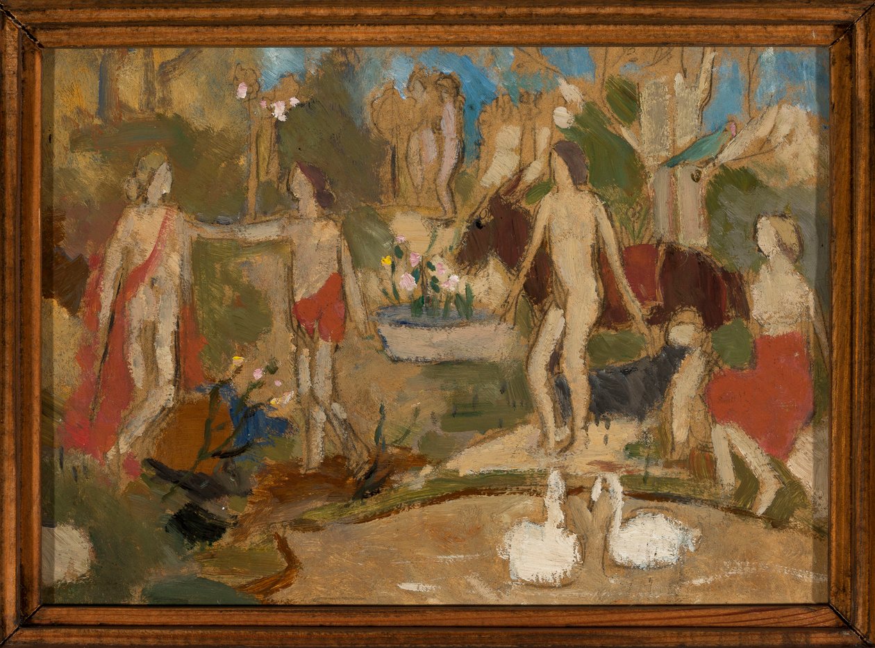 Scène de jardin avec des personnages et des cygnes - Tadeusz Makowski