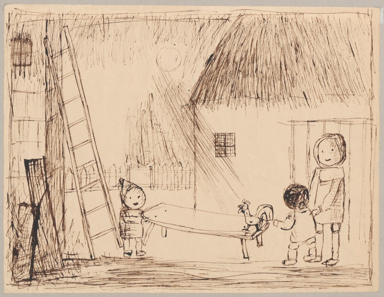 Trois enfants avec un coq dans la cour - Tadeusz Makowski