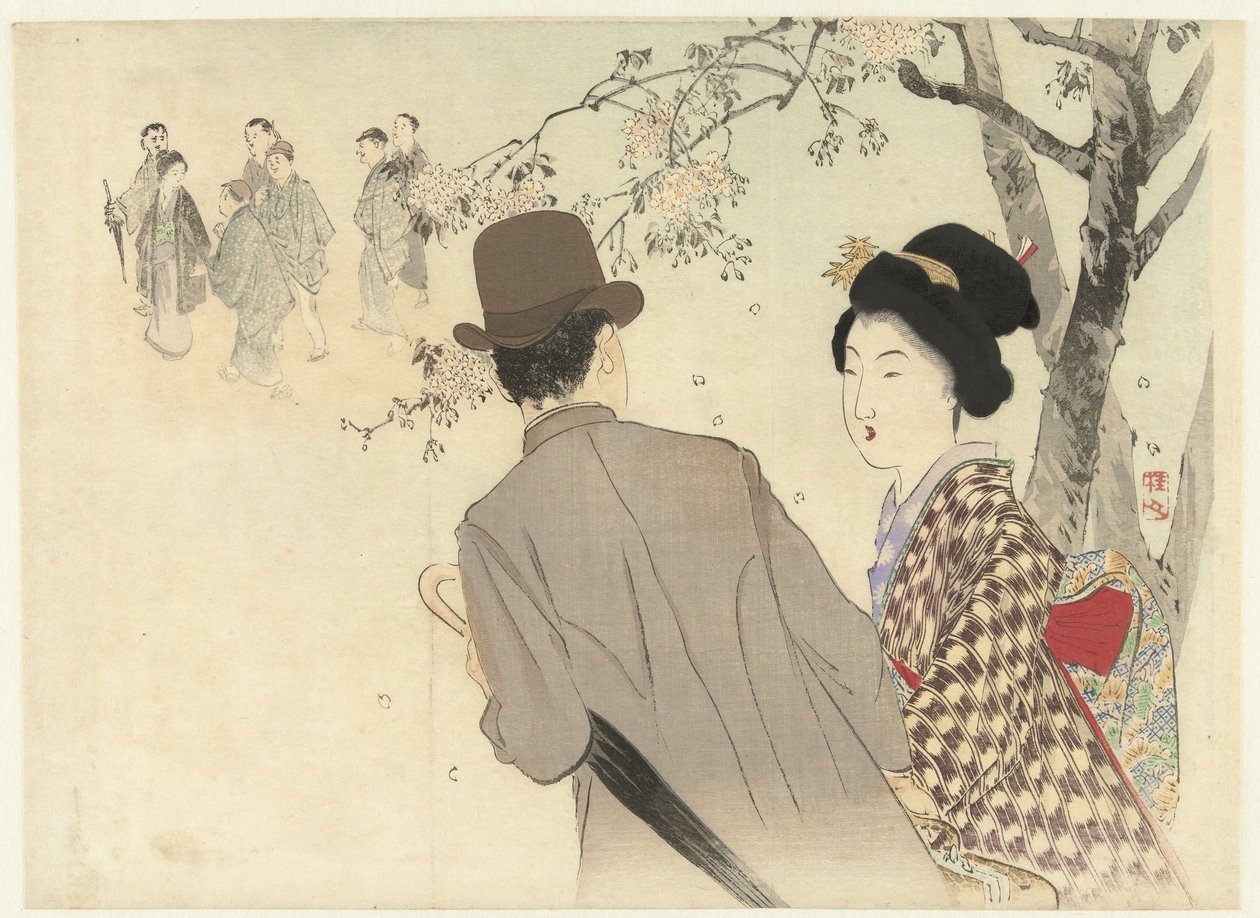 Homme avec chapeau melon et parapluie et dame en kimono - Takeuchi Keishū