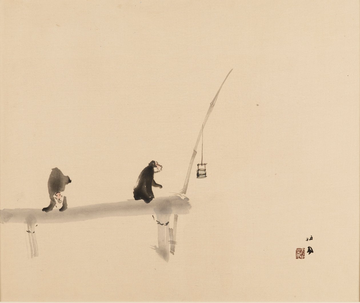Gravure sur bois - Deux singes sur un quai, fin du XIXe-début du XXe siècle - Takeuchi Seiko