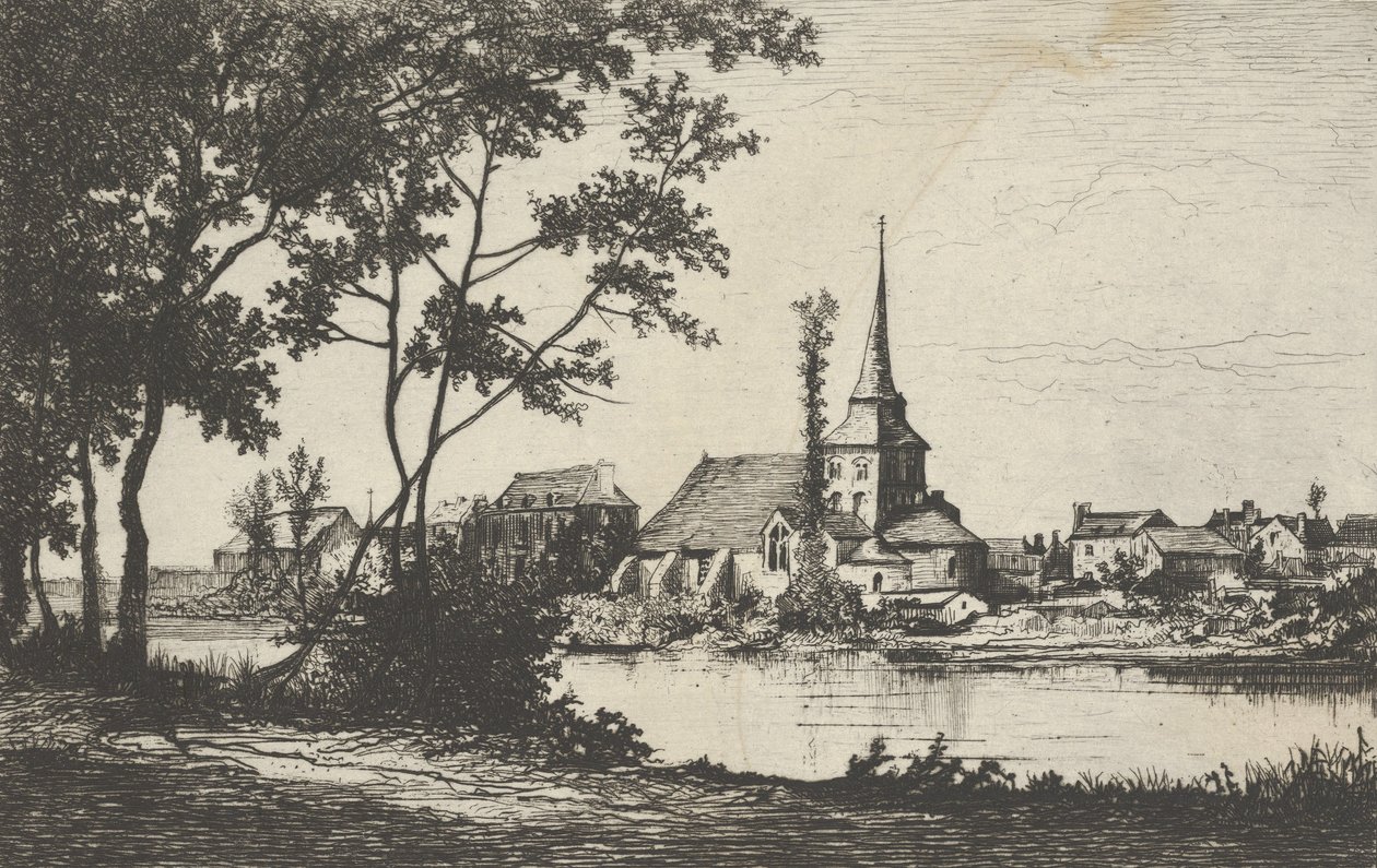 Ville avec une église au bord d