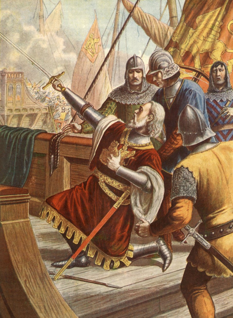 Amiral italien Luciano Doria tué en 1379 lors de la guerre entre Gênes et Venise, illustration, années 30 - Tancredi Scarpelli