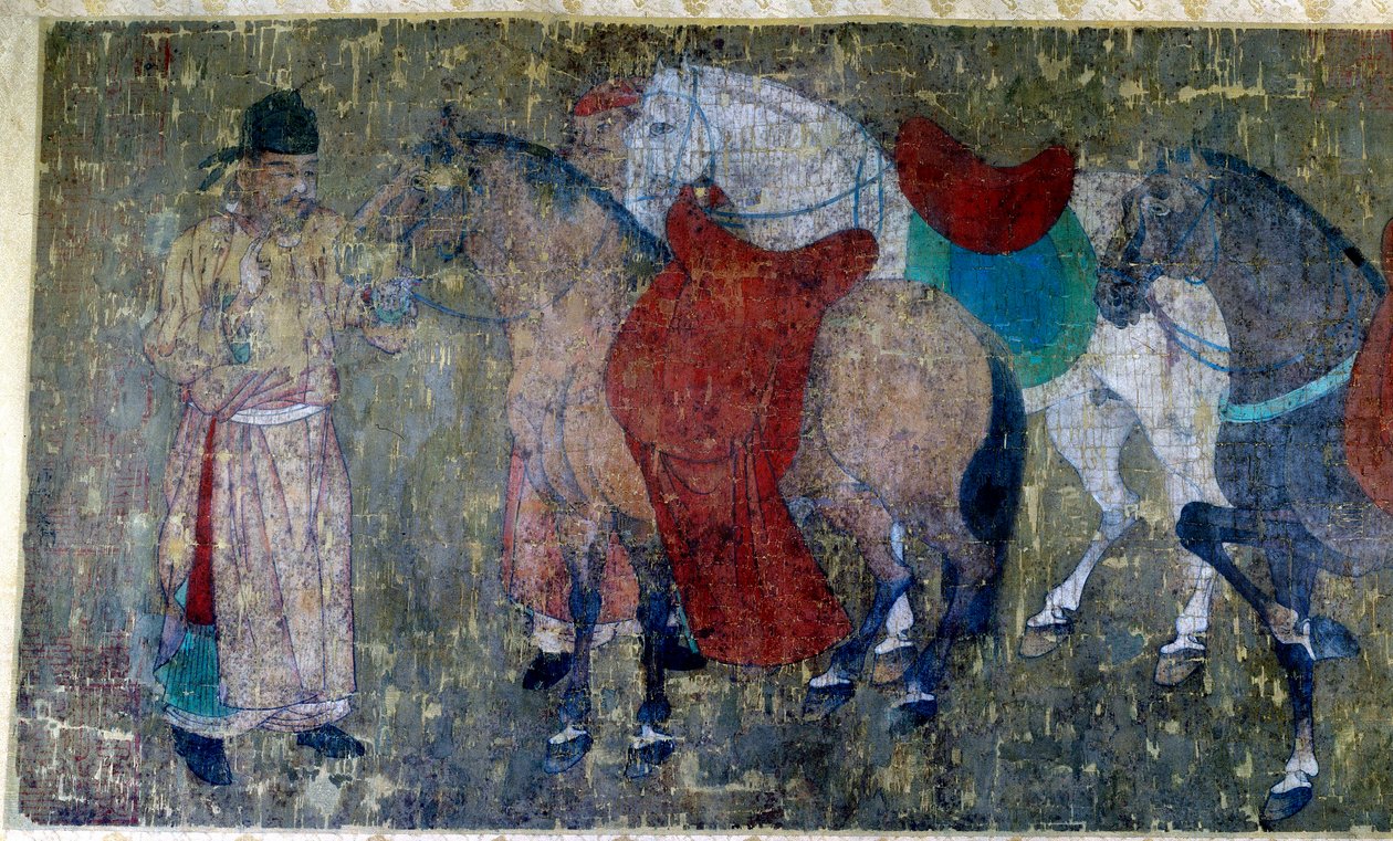 Art chinois : deux palefreniers conduisant quatre chevaux dans une écurie impériale (détail) - Tang Dynasty Chinese School