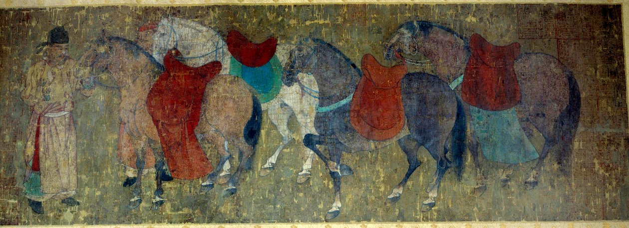 Art chinois : "deux palefreniers conduisant quatre chevaux dans une écurie impériale". Fragment d