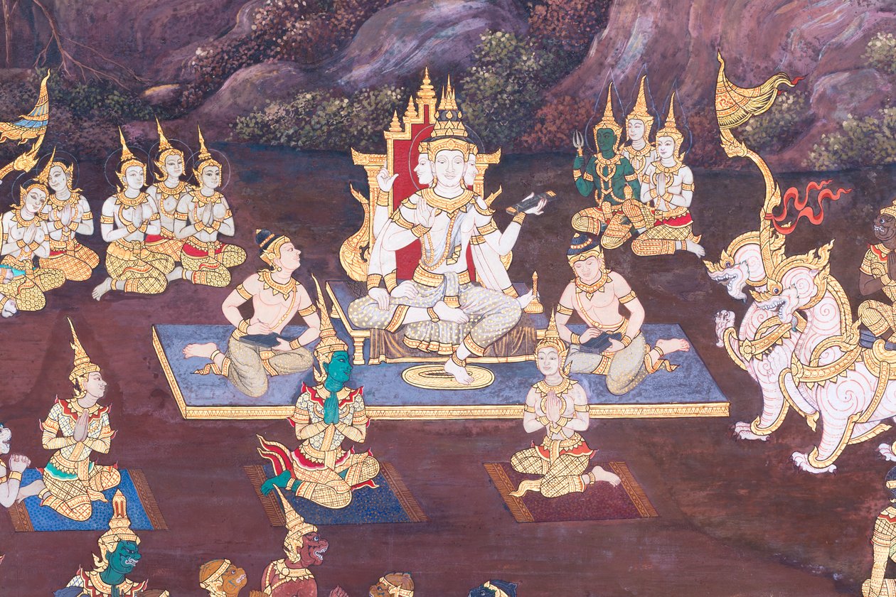 Fresque représentant des scènes du Ramayana au Wat Phra Kaeo, le Palais Royal, Bangkok, Thaïlande - Thai School