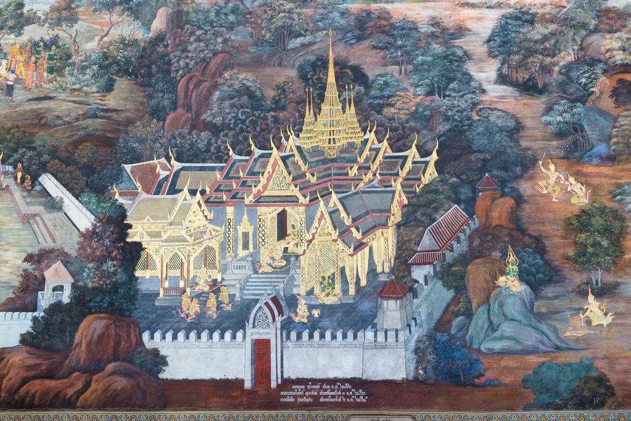 Fresque représentant des scènes du Ramayana à Wat Phra Kaeo, le Grand Palais Royal, Bangkok, Thaïlande - Thai School