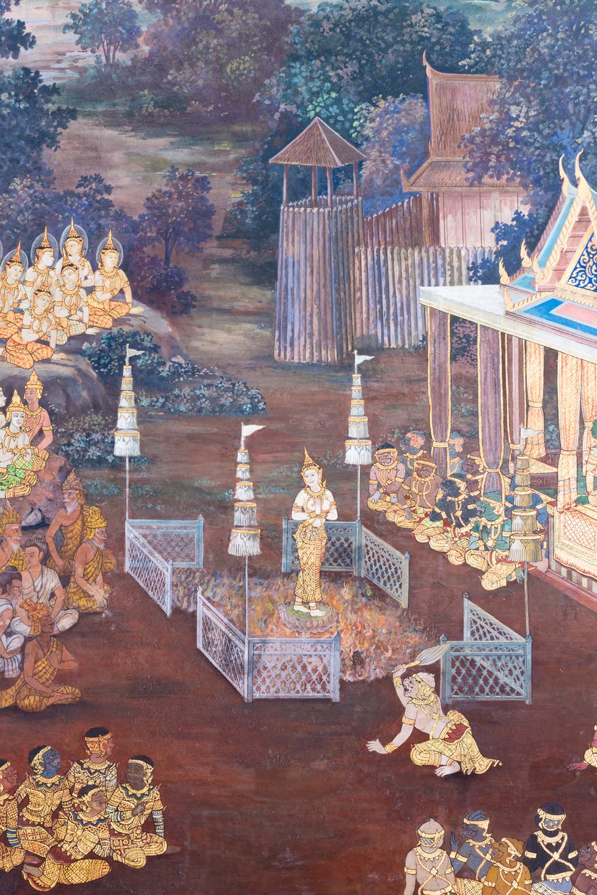 Fresque représentant des scènes du Ramayana à Wat Phra Kaeo, le Grand Palais Royal, Bangkok, Thaïlande - Thai School