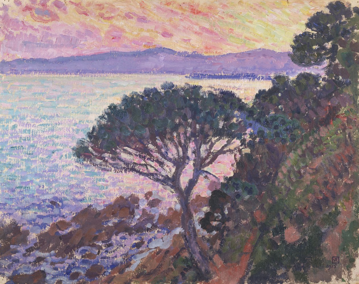 Pin au bord de la mer au coucher du soleil - Théo van Rysselberghe
