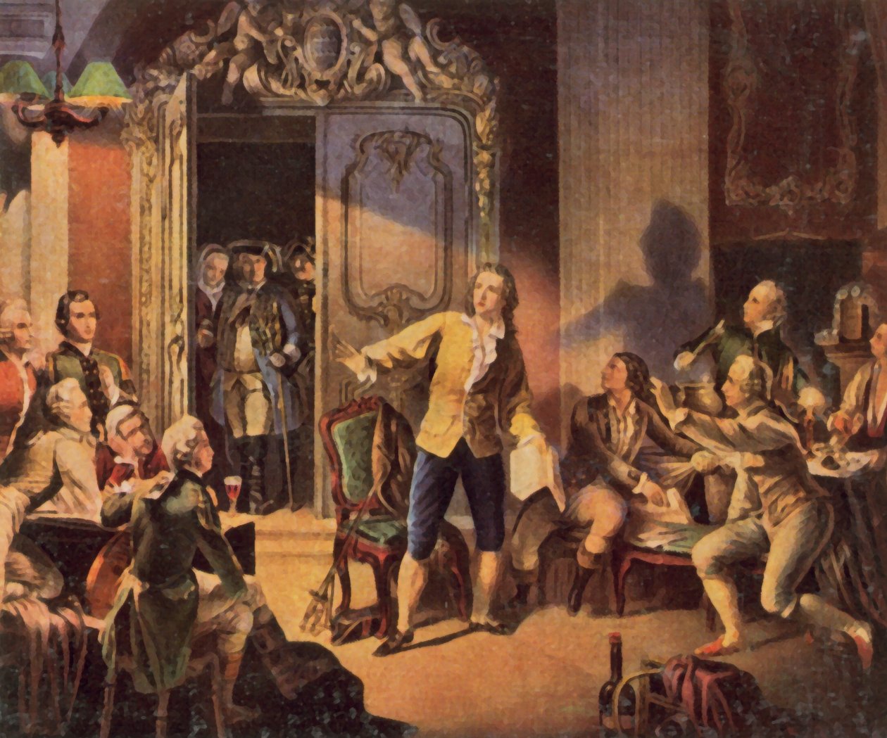 Schiller lit son premier drame, "Les voleurs" (lithographie couleur améliorée) - Theobald Reinhold von Oer