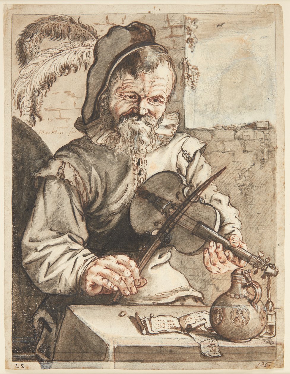 Un violoniste, demi-figure de face, assis devant une table avec des partitions, une cruche et un verre - Theodor Matham