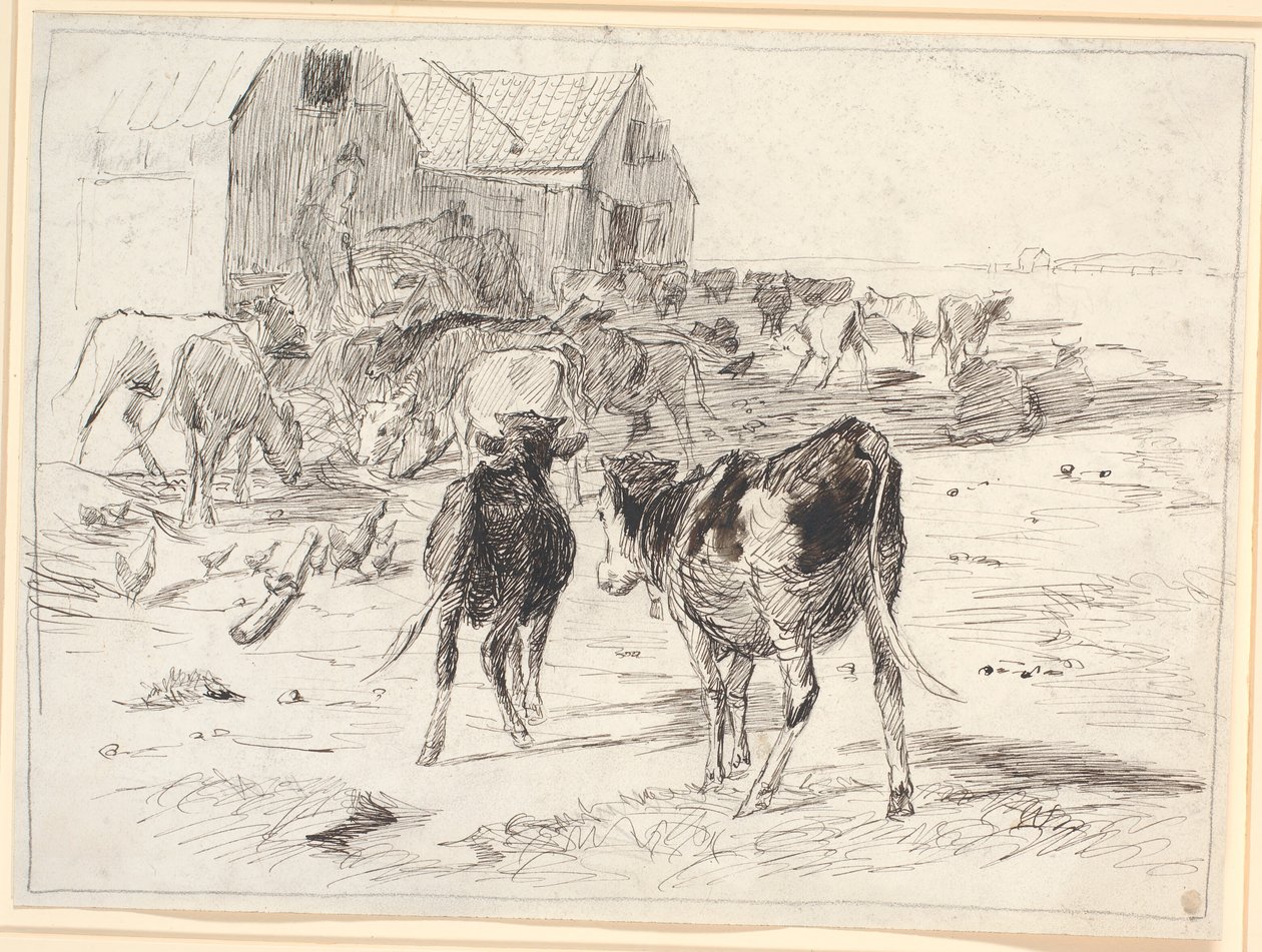 Récolte de foin à Saltholm. Veaux rassemblés autour des chariots près de la grange - Theodor Philipsen