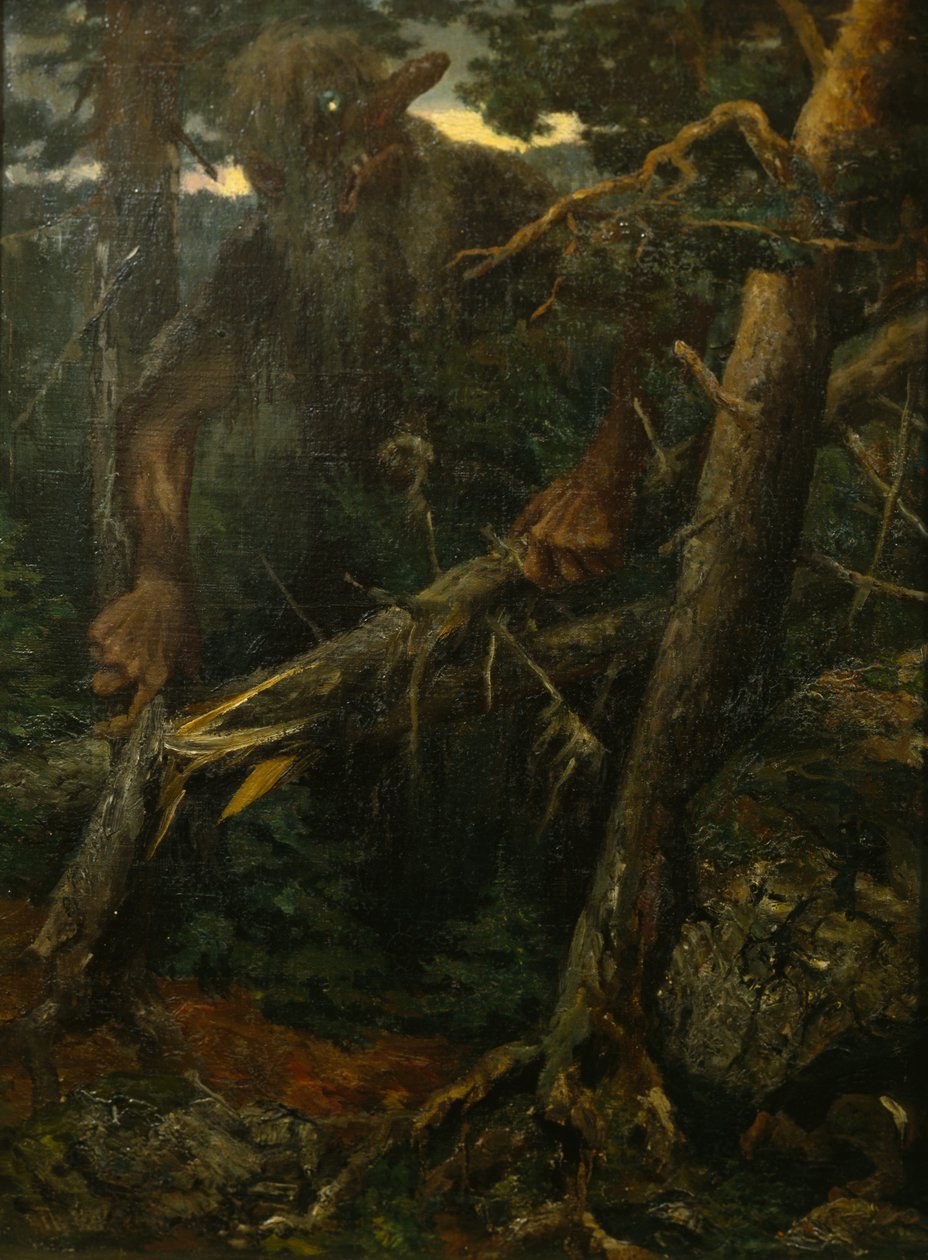 Vieux troll cassant des arbres dans la forêt - Theodor Kittelsen