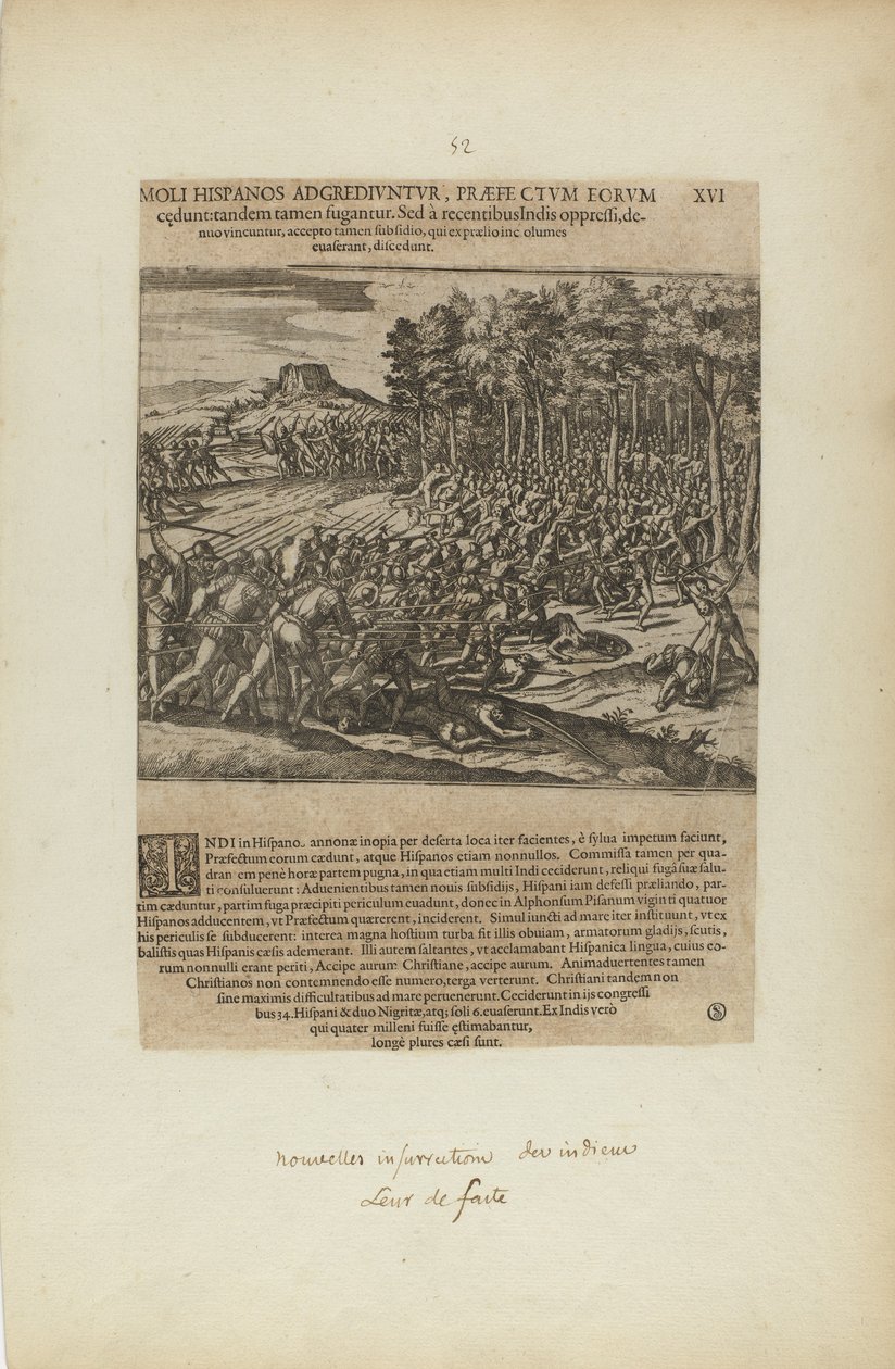 Moli Hispanos Adgrediuntur, Praefe Ctum Eorum/Cedunt : Tandeum.... (extrait du livre Americae, cinquième partie) - Theodor de Bry
