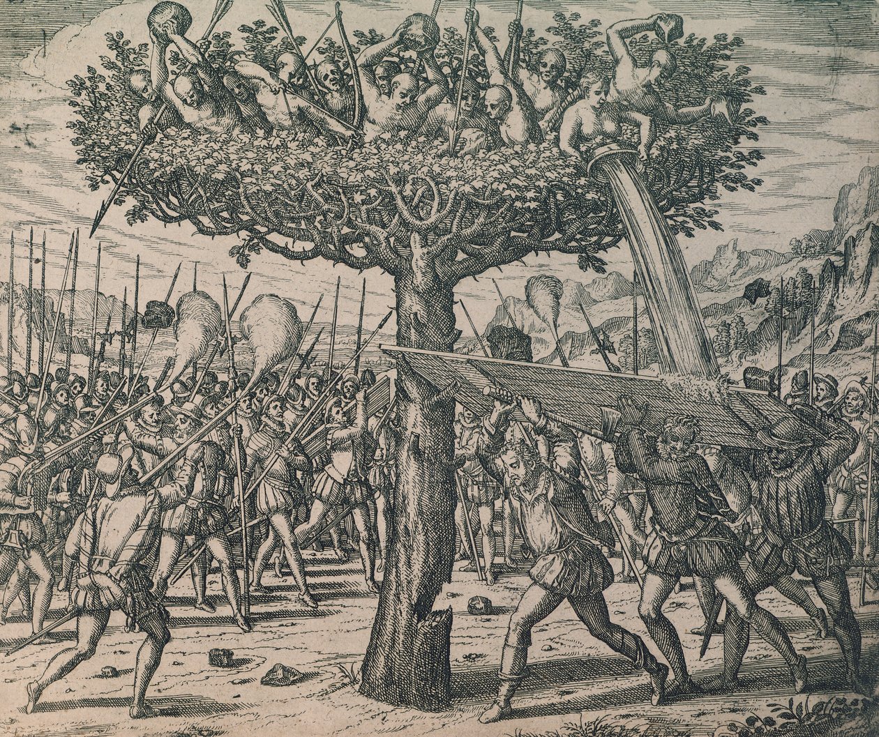 Indigènes se cachant dans les arbres combattant les conquérants - Theodor de Bry