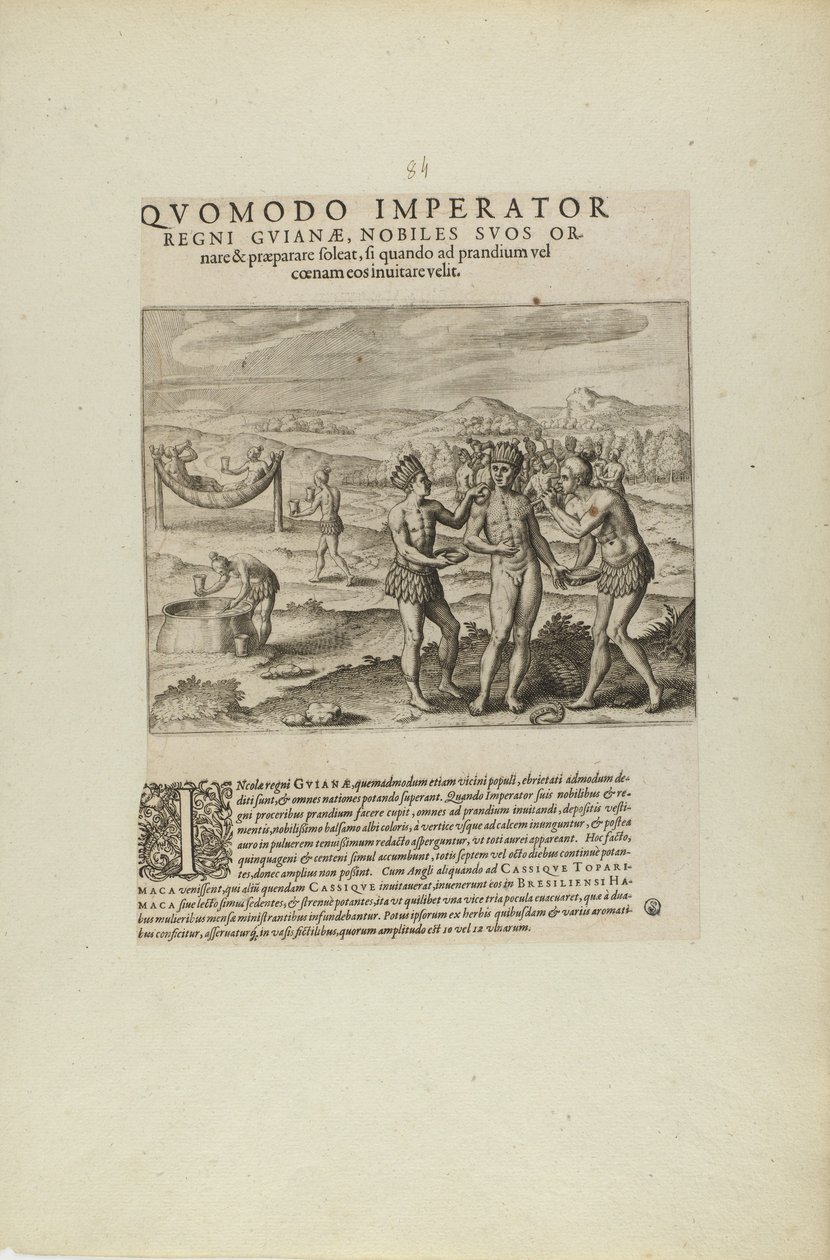 Quomodo Imperator/Regni Guianae, Nobiles Suos Or-/Nare.... (extrait du livre Americae, parties sept et huit) - Theodor de Bry