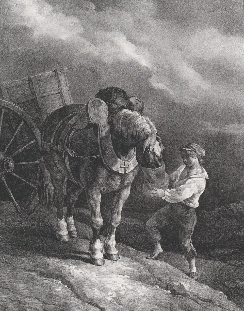 Garçon nourrissant un cheval de trait avec un sac à nez - Theodore Gericault